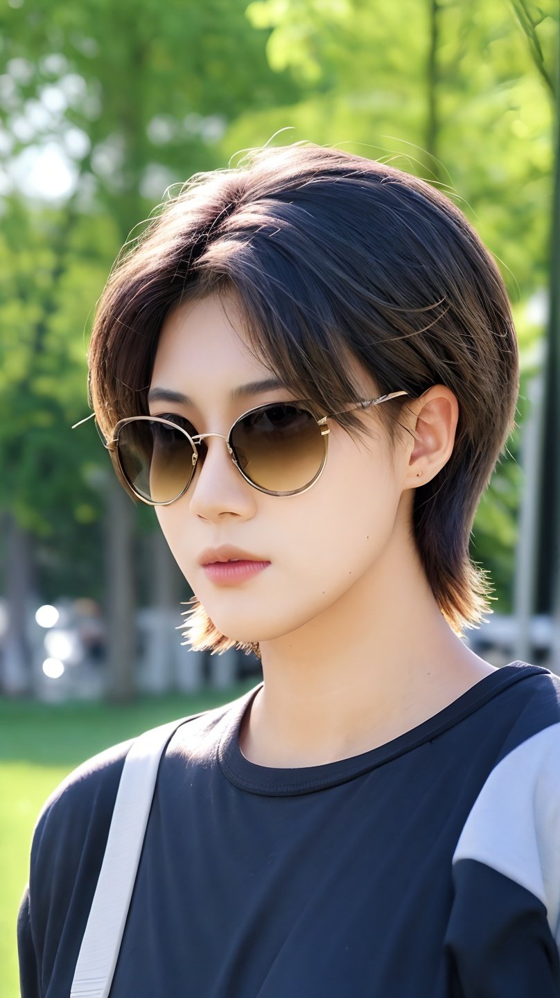 kus,1girl,(short hair:1.2),sunglasses,sideways,backlighting,HDR,UHD,8K,best quality,masterpiece,Highly detailed,Studio lighting,ultra-fine painting,sharp focus,physically-based rendering,extreme detail description,Professional,Vivid Colors,art  gallery,Cinematic  Lighting,<lora:kus-000008:0.7>,outdoors,tree,blur background,