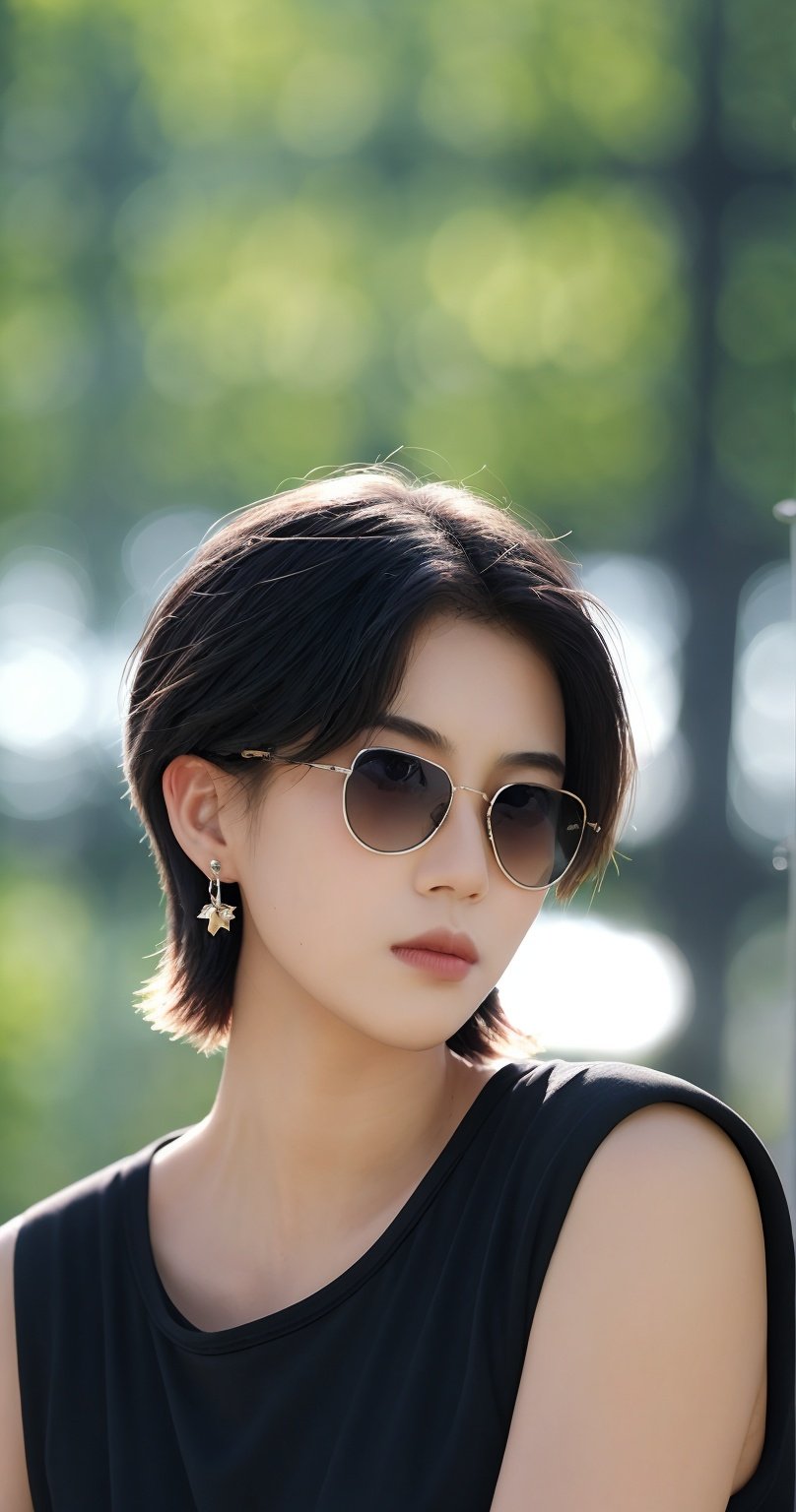 kus,1girl,cruel,(short hair:1.2),(light and shadow art:1.1),(sunglasses:1.1),(blur background:1.3),solo,sense of reality,indoor,front,facing observers,HDR,UHD,8K,best quality,masterpiece,Highly detailed,Studio lighting,ultra-fine painting,sharp focus,physically-based rendering,extreme detail description,Professional,Vivid Colors,art  gallery,Cinematic  Lighting,<lora:kus:0.7>,suit,neutral beauty,aesthetic standards,