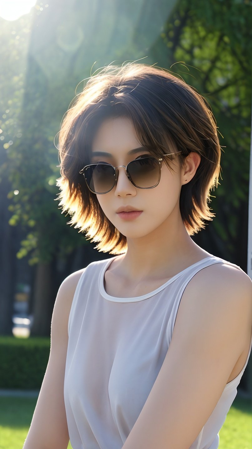 kus,1girl,(short hair:1.2),men's suits,backlighting,HDR,UHD,8K,best quality,masterpiece,Highly detailed,Studio lighting,ultra-fine painting,sharp focus,physically-based rendering,extreme detail description,Professional,Vivid Colors,art  gallery,Cinematic  Lighting,<lora:kus-000008:0.7>,outdoors,tree,seaside,sand,blur background,sunglasses,