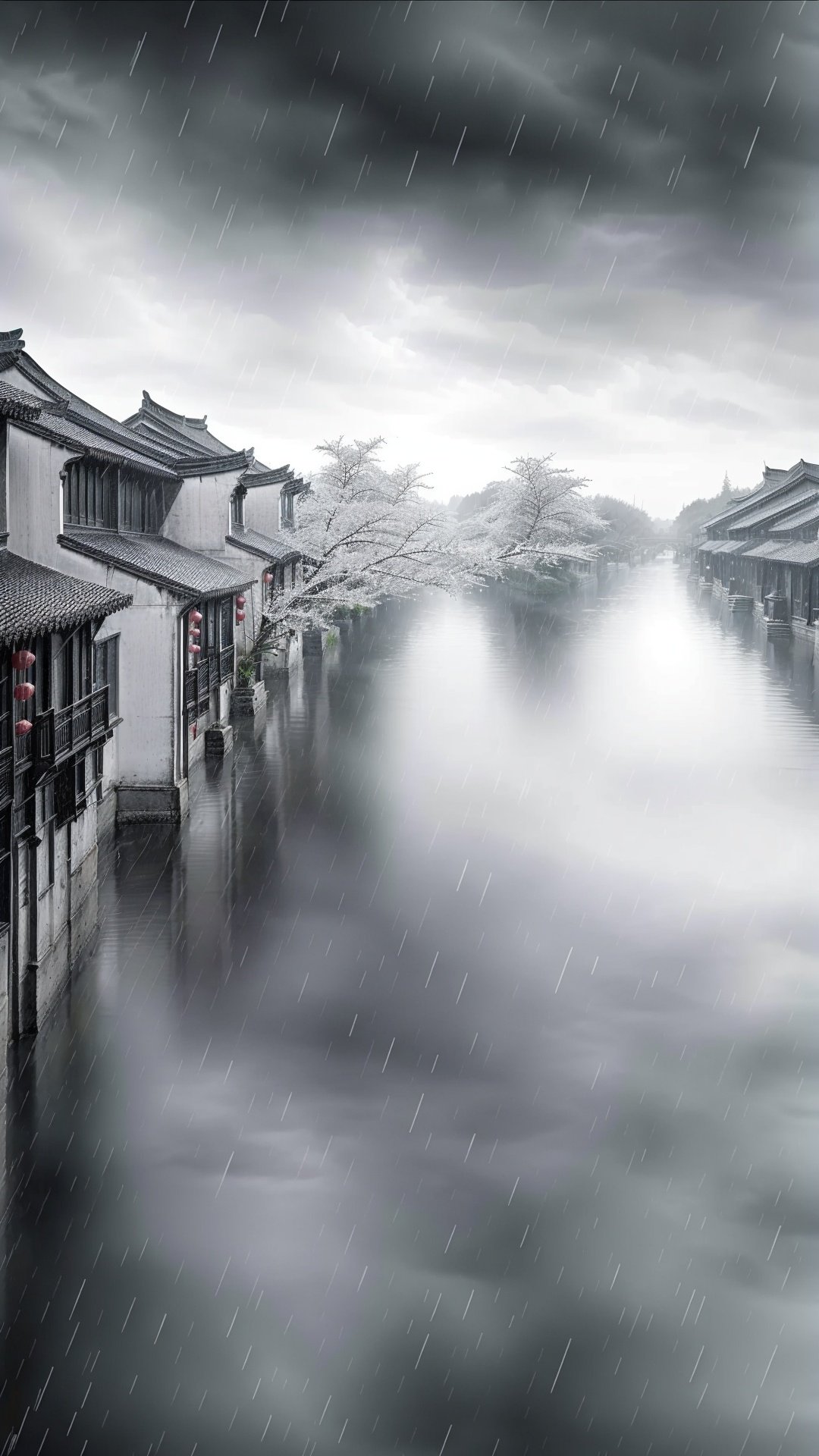 jiangnan, rain, no humans, tree, scenery, architecture, east asian architecture, cloud, outdoors, sky, cloudy sky, building, reflection, snow, boat, water,<lora:jiangnan:0.6>,