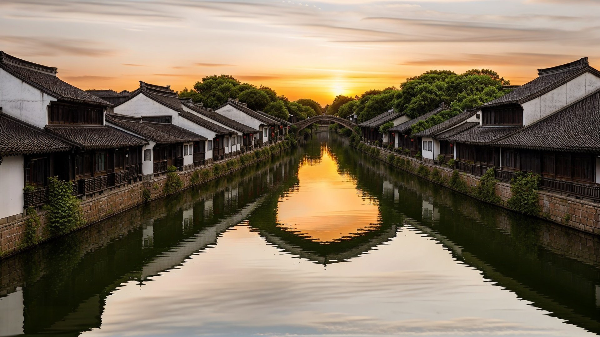 jiangnan,small bridge,flowing water and household,<lora:jiangnan:0.6>,building,bridge,scenery,outdoors,sunset,dusk,