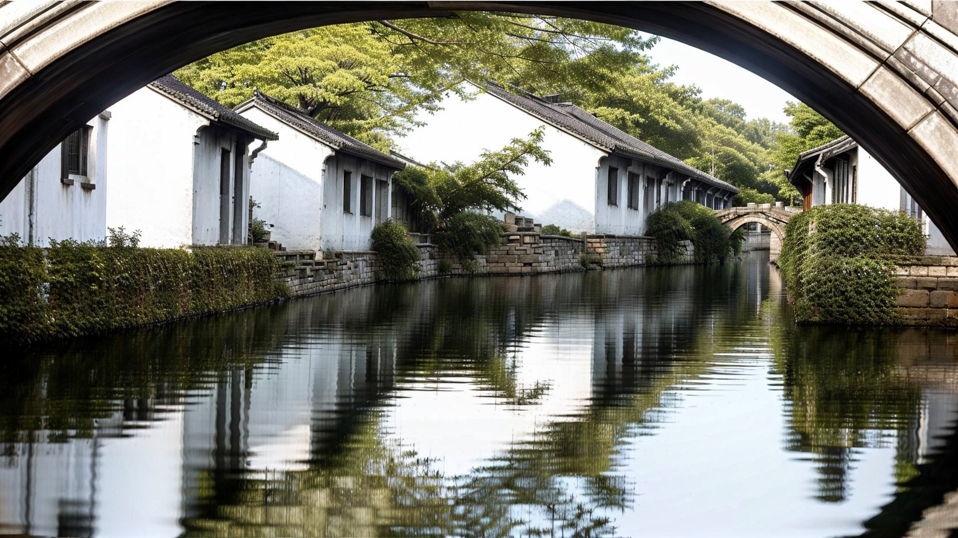 jiangnan, no humans, scenery, tree, reflection, outdoors, building, water, bridge cave, arch bridge, river, creeper,<lora:jiangnan:0.6>,