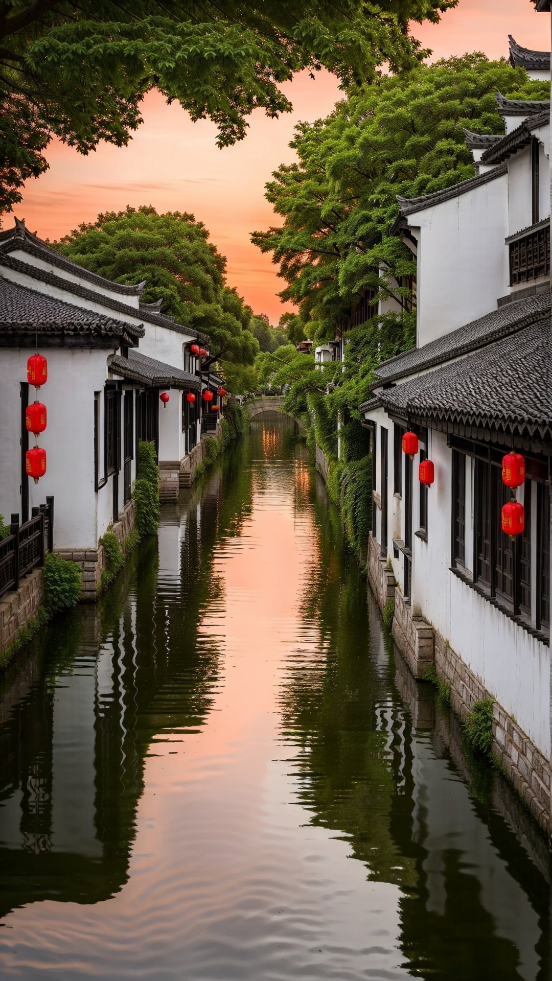 jiangnan,no humans, scenery, outdoors, architecture, east asian architecture, building, chinese text, lantern, tree, plant, water, reflection, paper lantern, red lantern, river, sunset,evening,dusk,<lora:jiangnan:0.6>,