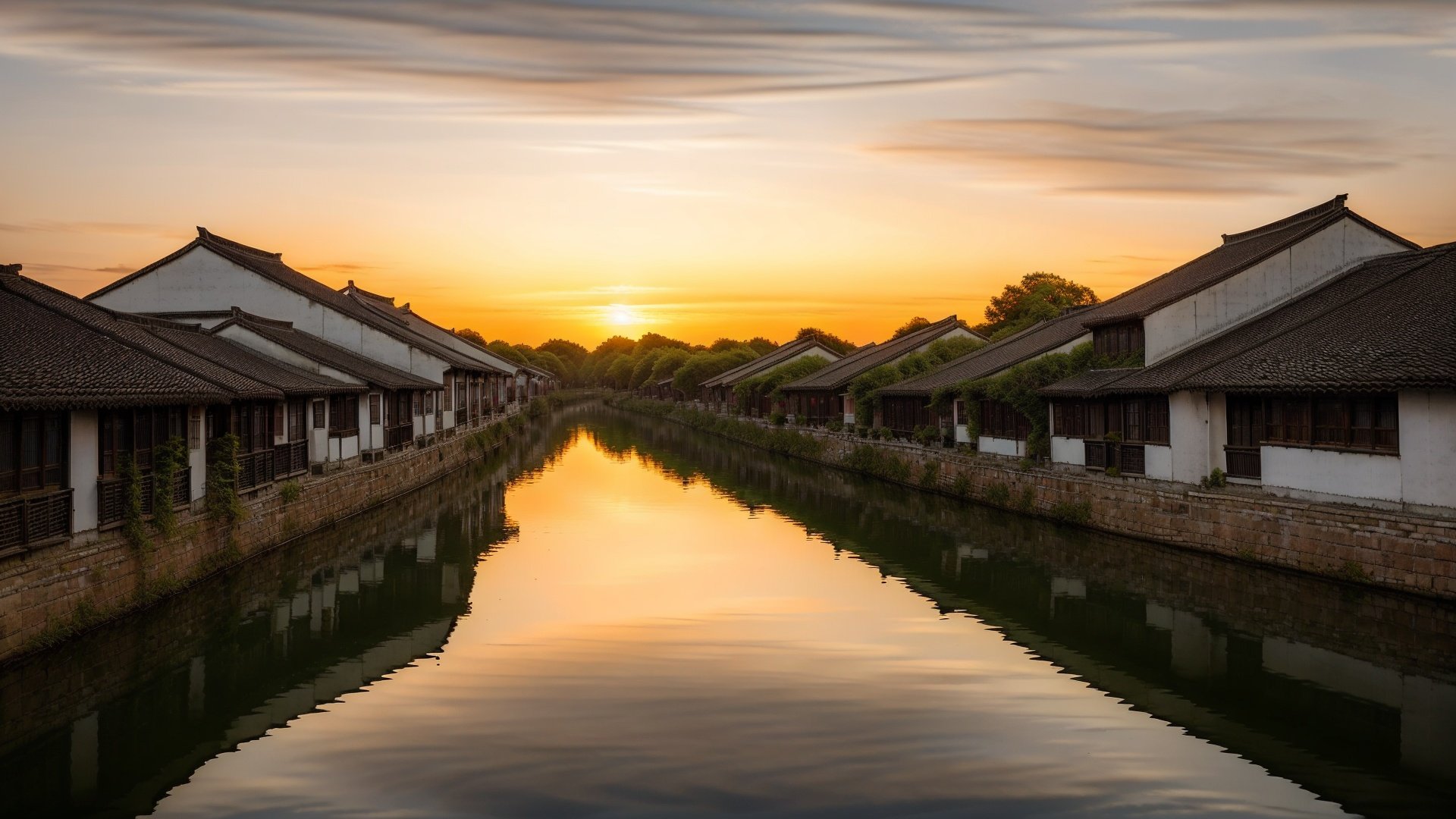 jiangnan, scenery, cloud, no humans, sky, outdoors, building, sunset, reflection, arch, water, river, dusk, the evening glow, bridge,<lora:jiangnan:0.6>,