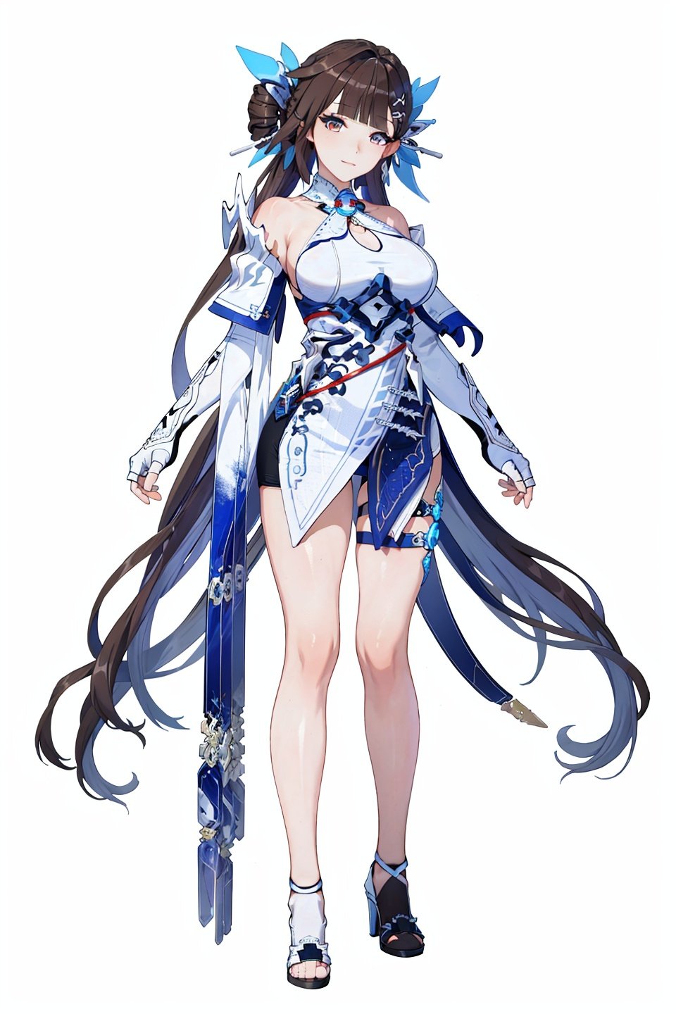 (8k, best quality, masterpiece), (ultra-detailed:1.1), (high detailed skin),
(full body:1.2), white background, standing, (solo focus, solo:1.2), female focus,
sushangb3, white-blue dress, hair ornament,white gloves, thigh strap,high heels, large breasts, very long hair,blue hair ornament,
(white background, simple background,:1.2),
(beautiful_face), ((intricate_detail)), (revealing clothes:1.2), clear face,
((finely_detailed)), fine_fabric_emphasis,
((glossy)),