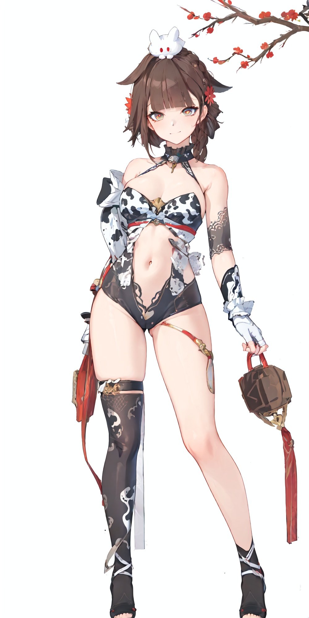 (8k, best quality, masterpiece), ultra-detailed, (high detailed skin), 1girl, long hair, antlers, branch, braided bangs, hair flower, cow ears, large breasts, neck bell, collar, (cow print:1.3), (print bikini:1.1), print gloves, print legwear,full body, 
//////////////////////////
sushanglf,  rabbit on head, beautiful face, detailed eyes, brown hair, bare legs, (full body:1.1), animal on head, red hair flower, 
/////////////////////////////
 (white background, simple background:1.4), (black outline:1.2),
