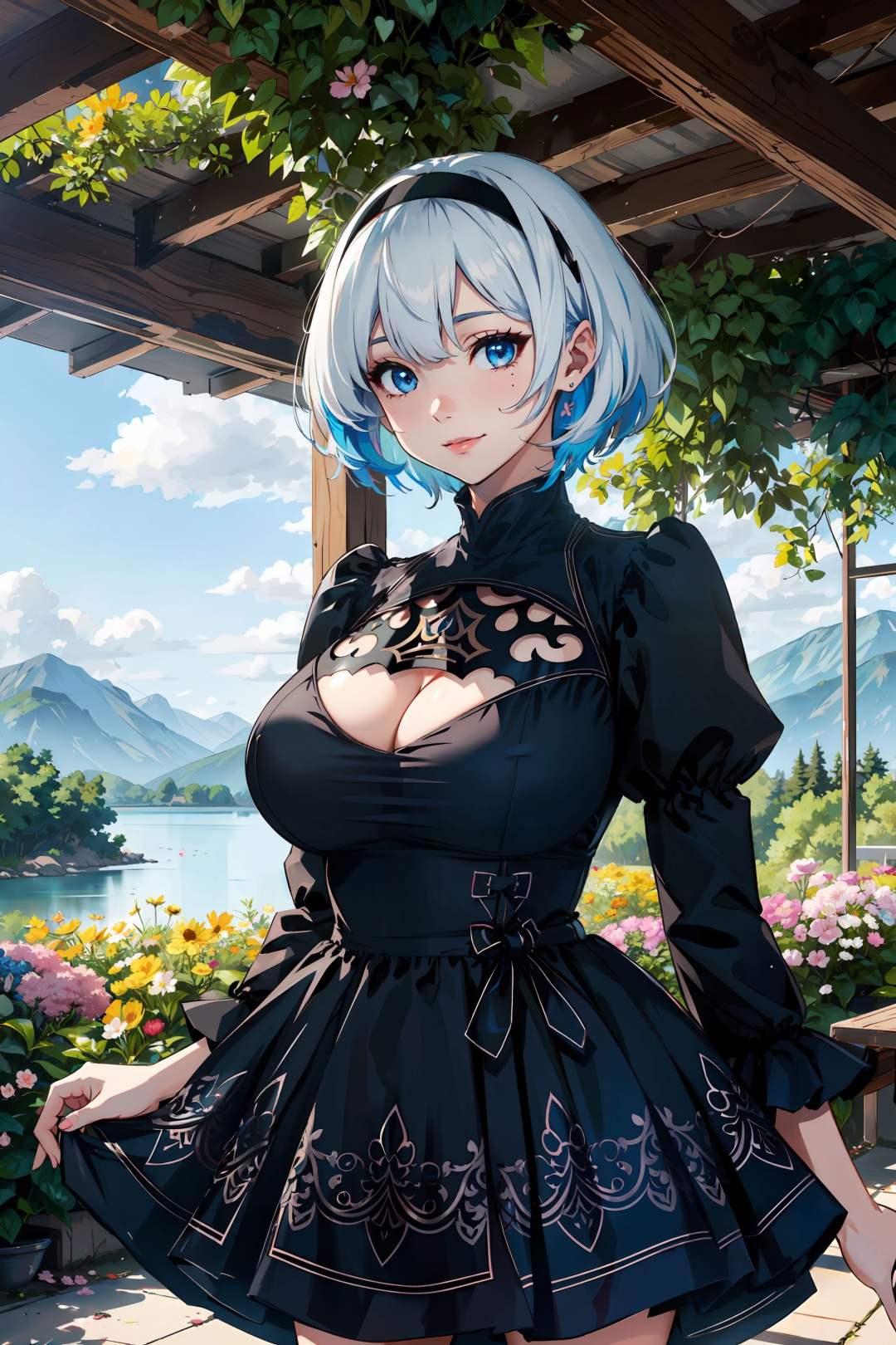 <lora:2B-000013:0.6>,2_B, beautiful girl, blue eyes, white hair, short hair, black short dress, (cleavage cutout:1.2),(gigantic breasts:1.3),puffy sleeves, upper body, long sleeves, mole under mouth, juliet sleeves, standing, black hairband, cleavage, black thighhighs, best quality,  (colorful),(delicate eyes and face), volumatic light, ray tracing, bust shot ,extremely detailed CG unity 8k wallpaper,smile,((flying petal)),(Flowery meadow) sunny,sunshine, light, fantasy, windy, magic sparks, trees, lake, mountains, ((flowers)),harano, 