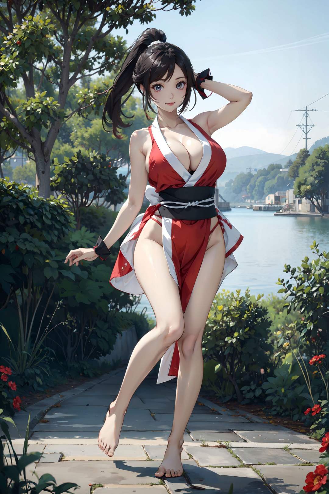 <lora:Shiranui_Mai:0.7>,shiranui_mai, (1girl),(dancing), bare shoulders, pelvic curtain, red revealing clothes,  bare arms, (high ponytail:1.2),long hair, cleavage,(red thong),(gigantic breasts:1.3), black sash,  full body, bare legs, bare feet, masterpiece, best quality,  (colorful),(delicate eyes and face), volumatic light, ray tracing, bust shot ,extremely detailed CG unity 8k wallpaper,smile,((flying petal)),(Flowery meadow) sunny,sunshine, light, fantasy, windy, magic sparks, trees, lake, mountains, ((flowers)),harano, 