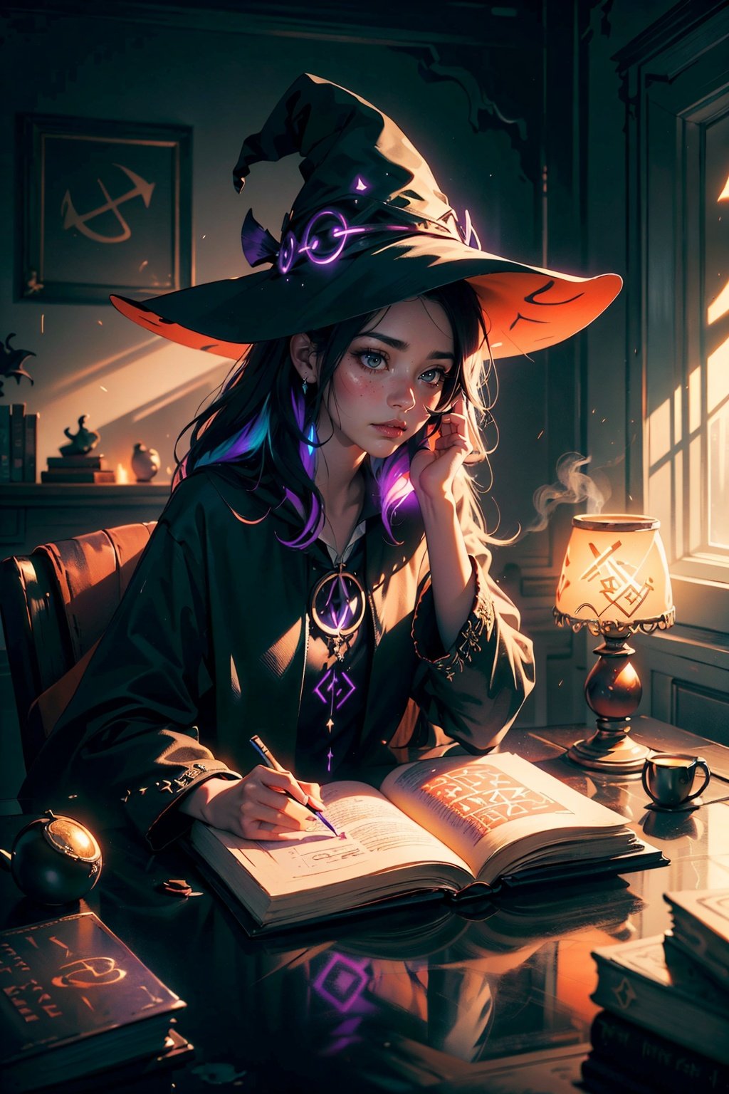 witch mixing potion and stuff with his magical friend owl, in a room field with books and potions, lamp on his sidee while working, glowing runes are floating on the book, elaborate scene style, glitter, orange, realistic style, 8k,exposure blend, medium shot, bokeh, (hdr:1.4), high contrast, (cinematic, orange and white film), (muted colors, dim colors, soothing tones:1.3), low saturation, (hyperdetailed:1.2), (noir:0.4),GlowingRunes_purple