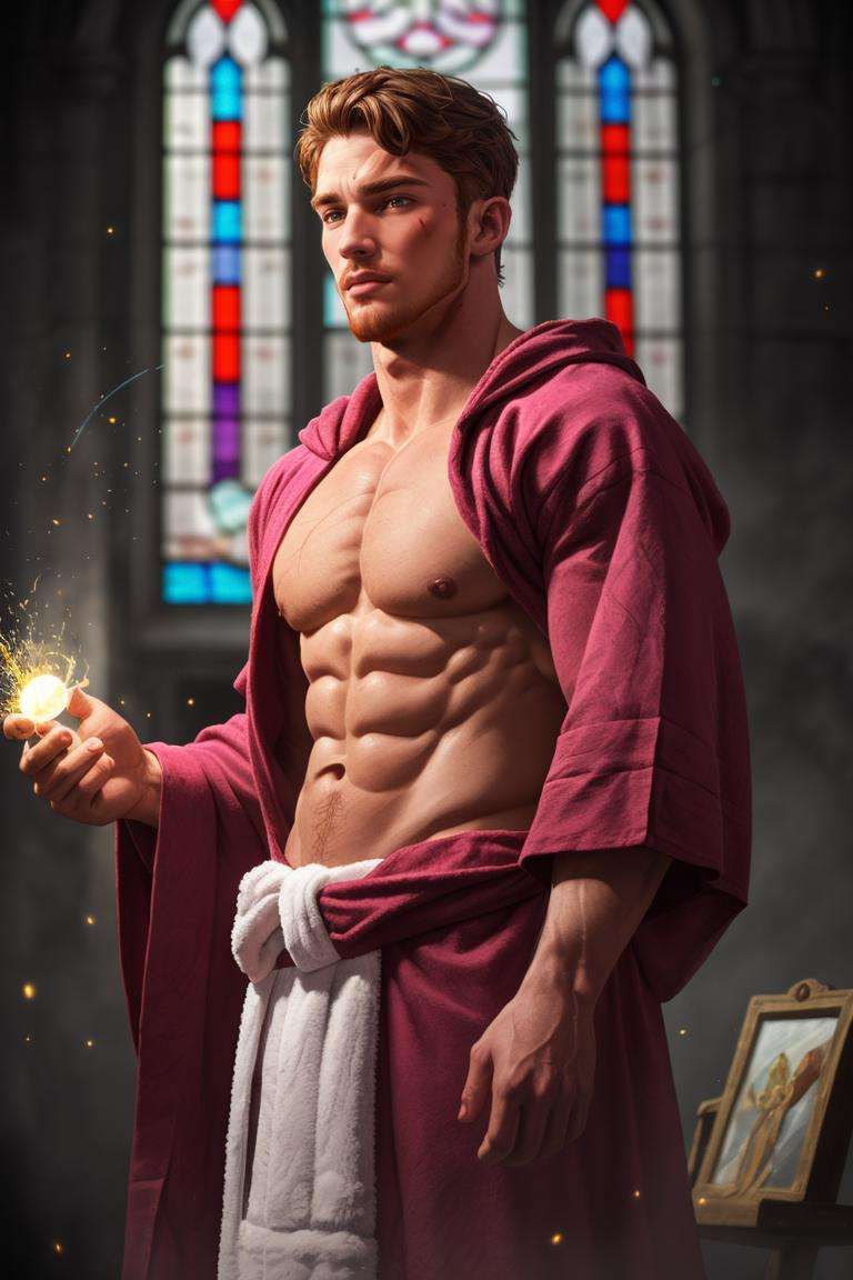 (handsome young cleric conjuring magic), facial hair, (shirtless), (intricate robes of many colors), swirling robes, best quality, absurdres, masterpiece, light particles, stained glass, realistic face, realistic skin, (skin pores:1.2), (bodybuilder), ginger, (short hair),