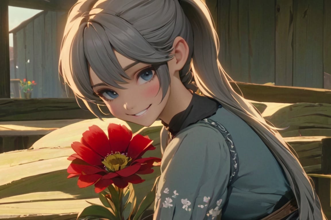 (detailed light), (an extremely delicate and beautiful), (1 girl holdding vase and flower)
(cowboy shot:1.3)
(from side:1.25), (1 loli:1.2), grey hair, (messy braid ponytail), (wearing old ripped dress), (long grey dress), frills, (Smile, hope, sunshine:1.2), (solo), (blue eyes:1.2), (Detailed beautiful eyes, lively eyes), (sitting), table
volume light, best shadow, flash, Depth of field, dynamic angle, Oily skin
(looking at vase), (1 Detailed vase), (red flower inside of vase), (Detailed and beautiful), (Holdding vase)
(outdoors, Earthquake debris, cracked ground, collapsed houses in the distance, grey sky, smoky)
