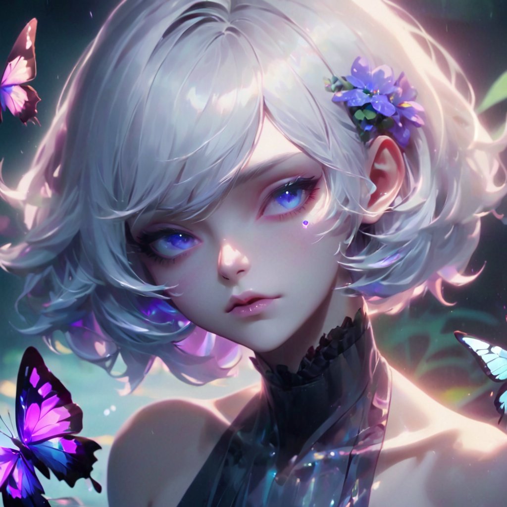 titlefont polychrome, glitch,(surreal:1.3), (chromatic aberration),  (beautiful young female:1.4), (streaming  tears), sad, (butterflies:1.2), (blue purple flowers), looking at  viewer, partially submerged, hand on own face, topless, (white hair,  short hair, bangs:1.2), hair flower, (glowing eyes), smirking, ripples,  dark water, black background,  (prismatic), iridescent, holographic,,  , ,