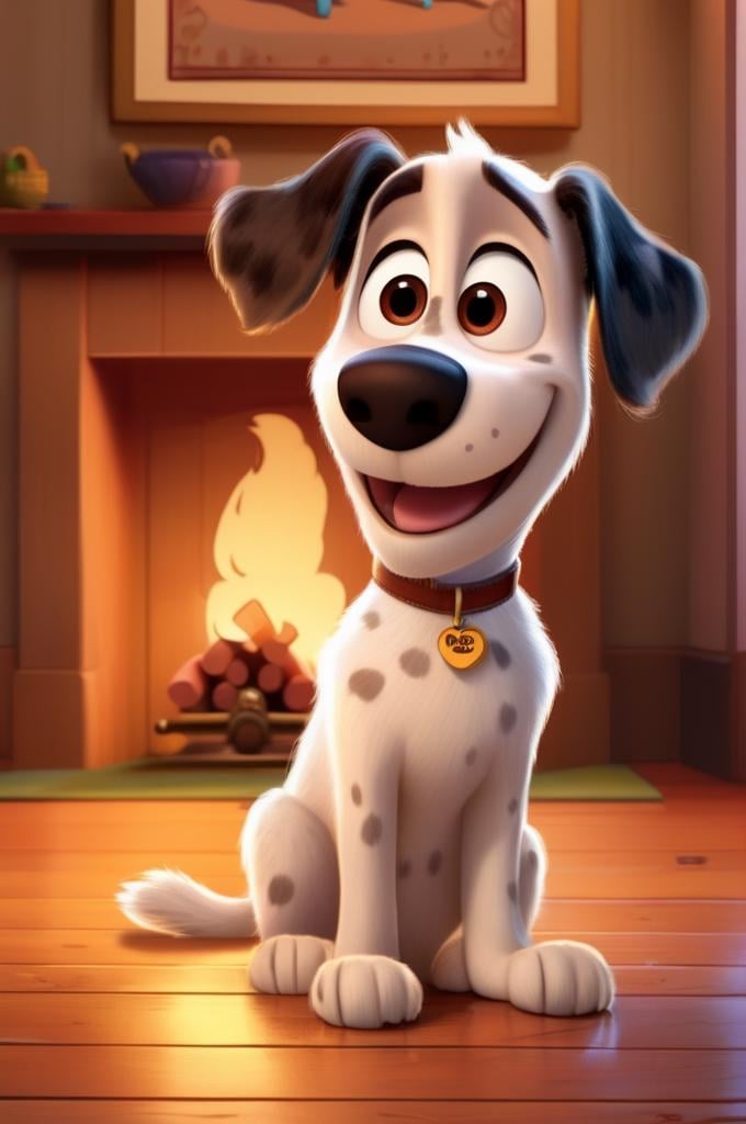 a cartoon dog with a happy face sitting on a wooden floor in a room with a fireplace and a table, Dan Content, pixar and disney animation, a character portrait, furry art