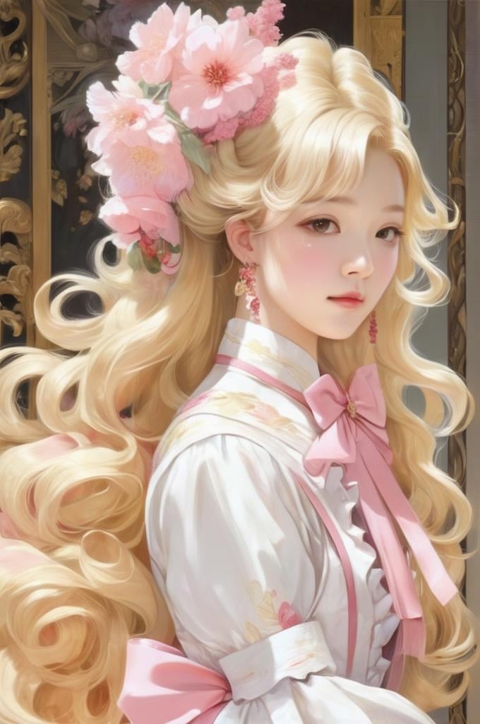 a girl with long blonde hair wearing a white dress and a pink bow tie and a pink flower in her hair, Chen Hong, anime art, a detailed painting, rococo