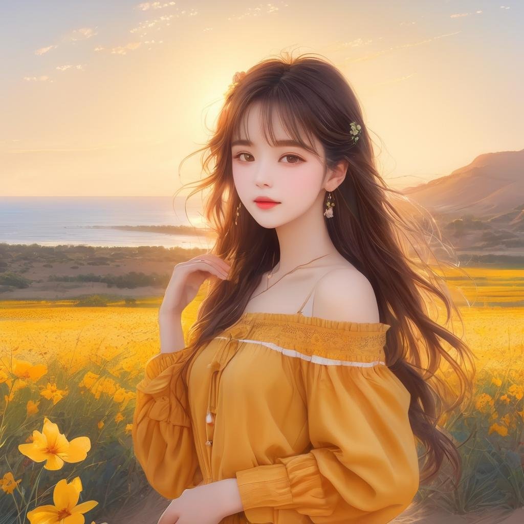 1girl, bangs, bare shoulders, beach, bra strap, brown eyes, brown hair, collarbone, day, desert, field, flower, food, holding, lips, long hair, long sleeves, looking at viewer, off-shoulder dress, off-shoulder shirt, off-shoulder sweater, off shoulder, outdoors, solo, sunset, upper body, yellow sky