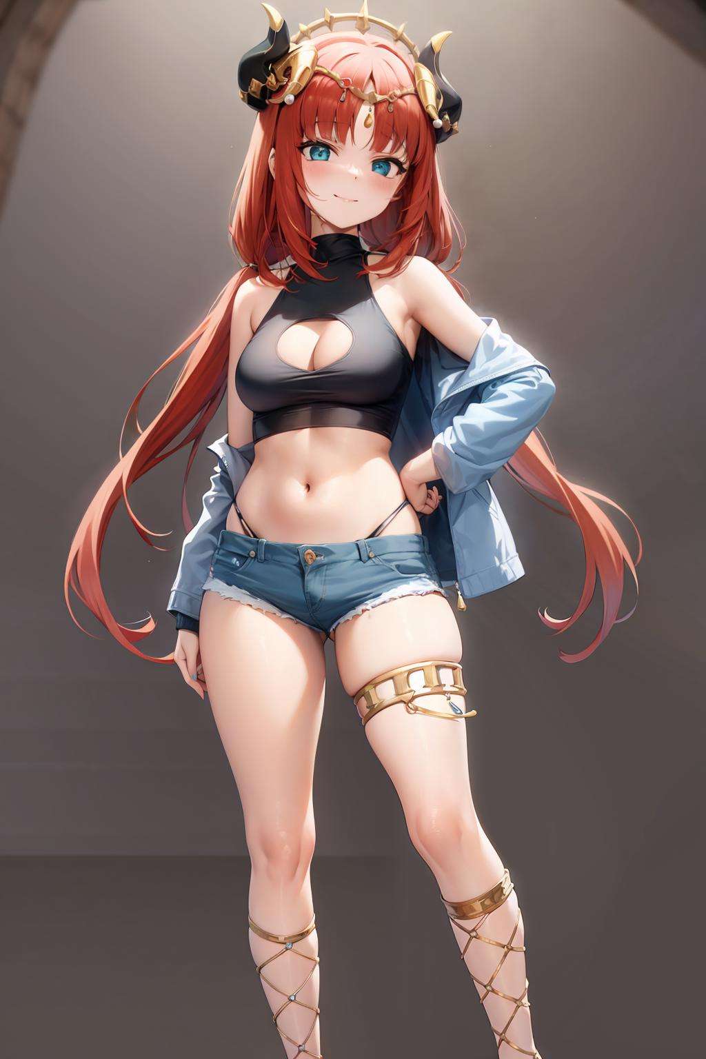 masterpiece, best quality,  <lora:nilou:1>,1girl, solo, nilou (genshin impact), horns, navel, long hair, red hair, full body, breasts, stomach, crop top, shorts, looking at viewer, gold footwear, simple background, high heels, alternate costume, shirt, panty straps, blue eyes, bangs, twintails, thighs, off shoulder, sleeveless shirt, short shorts, long sleeves, panties, standing, hand on hip, bare shoulders, highleg, open clothes, bare legs, black shirt, denim shorts, sleeveless, underwear, highleg panties, denim, closed mouth, legs, blue shorts, hand up, clothing cutout, thighlet, midriff, yellow footwear, medium breasts, parted bangs, micro shorts, smile, thigh strap, jacket, black panties, jewelry, grey background, string panties, low twintails, blush, very long hair, small breasts, nail polish, fake horns, open jacket, contemporary, cutoffs, skindentation, gladiator sandals, sidelocks, grey jacket, v, halterneck, cleavage cutout, turtleneck, casual, white shirt, thong