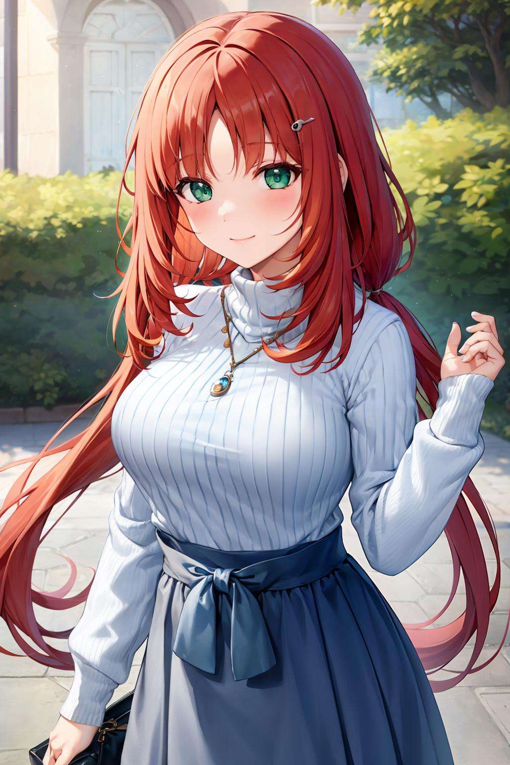 masterpiece, best quality,  <lora:nilou:1>,1girl, nilou (genshin impact), solo, skirt, red hair, long hair, smile, looking at viewer, long sleeves, alternate costume, breasts, bangs, blush, twintails, hair ornament, contemporary, parted bangs, jewelry, bag, blue skirt, closed mouth, sweater, turtleneck, handbag, necklace, aqua eyes, casual, turtleneck sweater, low twintails, medium breasts, very long hair, sidelocks, horns, shoulder bag, high-waist skirt, upper body, shirt, cowboy shot, blue sweater, large breasts, hairclip, ribbed sweater, outdoors, pleated skirt, green eyes, blue shirt, bow, beads