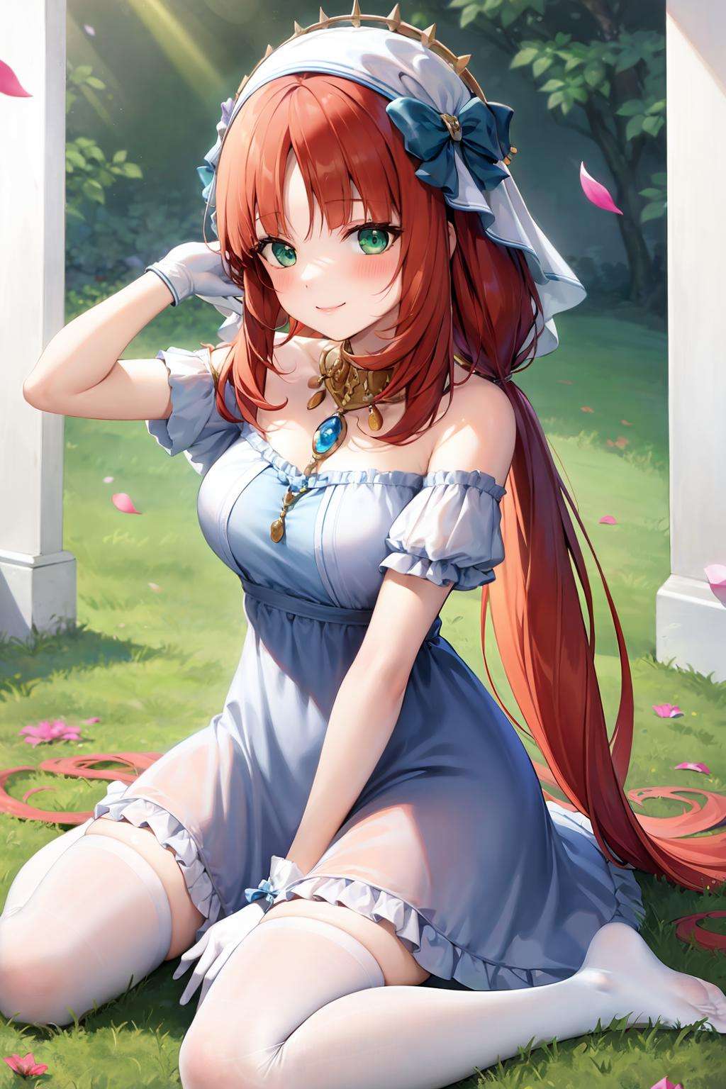 masterpiece, best quality,  <lora:nilou:1>,1girl, solo, long hair, thighhighs, nilou (genshin impact), gloves, smile, sitting, red hair, dress, white gloves, white thighhighs, flower, frills, bow, blush, bangs, short sleeves, very long hair, looking at viewer, puffy sleeves, blue dress, twintails, full body, blue bow, no shoes, puffy short sleeves, frilled hairband, hairband, wariza, green eyes, alternate costume, blue flower, low twintails, hand up, bare shoulders, parted bangs, frilled dress, petals, closed mouth, grass, jewelry, white background, off shoulder, hair bow, breasts, aqua eyes, thighs, off-shoulder dress, necklace, detached sleeves, falling petals