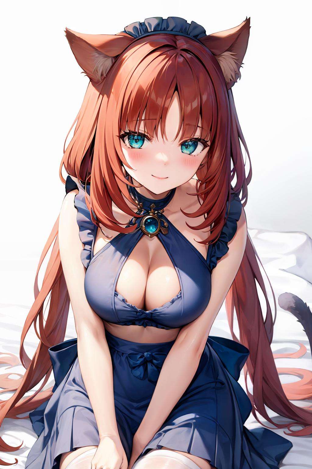 masterpiece, best quality,  <lora:nilou:1>,1girl, solo, breasts, animal ears, long hair, thighhighs, tail, clothing cutout, smile, cat ears, cat tail, cleavage, apron, looking at viewer, bell, white background, white thighhighs, bangs, maid headdress, simple background, cleavage cutout, twintails, neck bell, white apron, animal ear fluff, heart cutout, bare arms, sitting, sleeveless, nilou (genshin impact), frills, bare shoulders, jingle bell, very long hair, closed mouth, red hair, choker, cat girl, blush, skirt, alternate costume, aqua eyes, large breasts, low twintails, parted bangs, zettai ryouiki, frilled apron, arm support, maid, bow, blue choker, blue dress, waist apron, blue collar, thighs, dress, collarbone, blue skirt, kemonomimi mode, medium breasts, maid apron, cat cutout, enmaided, blue eyes, yokozuwari, sleeveless dress, miniskirt, ribbon, pleated skirt, collar, blue bow, artist name, no shoes, white bow, white choker, bra, sidelocks