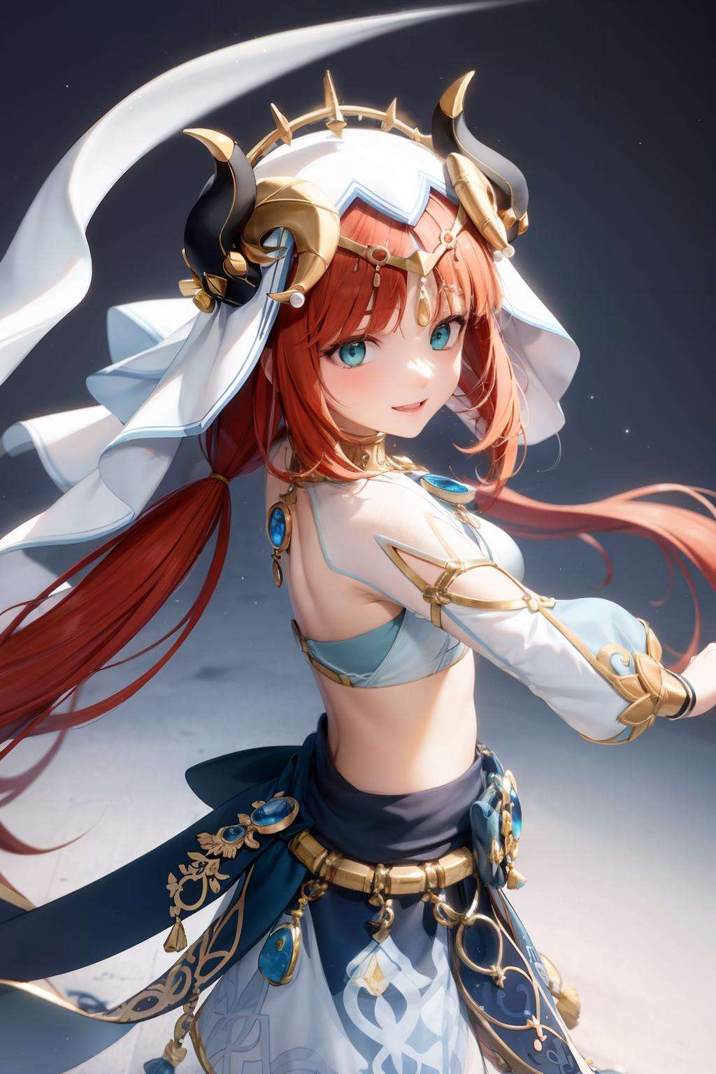 masterpiece, best quality,  <lora:nilou:1>,nilou \(genshin impact\), horns,red hair,long hair,twintails,veil,aqua eyes,harem outfit,neck ring,jewelry,bare shoulders,long sleeves,crop top,brooch, bracer, gold trim,blue skirt,circlet,vision \(genshin impact\), grey background, smile,dancing, 