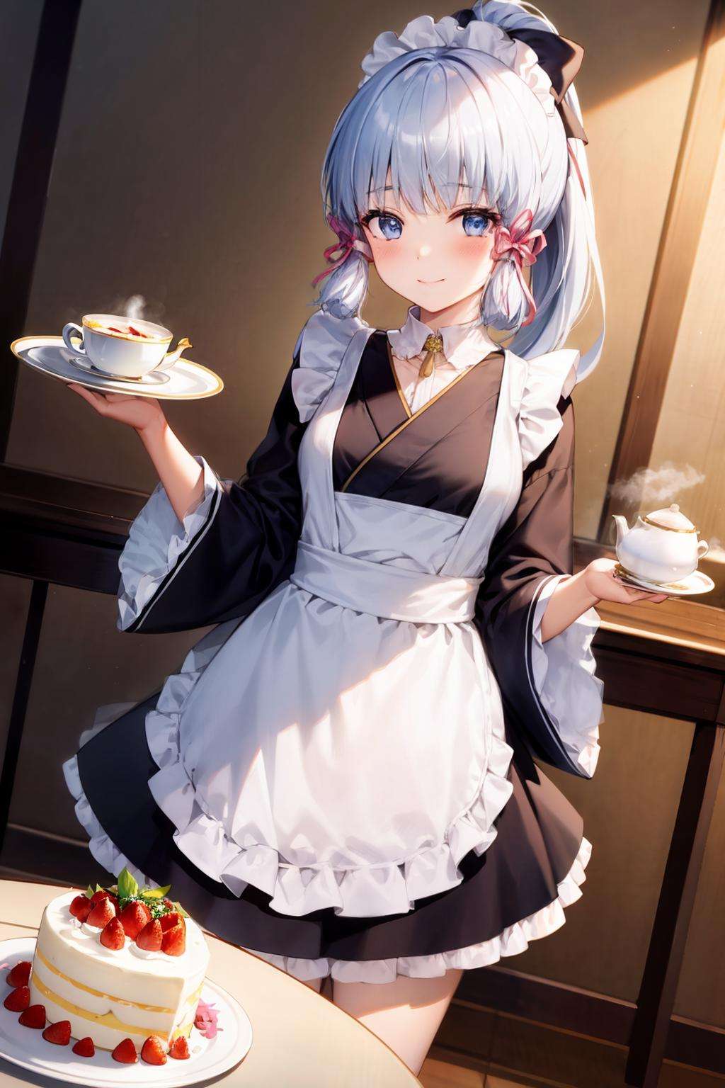 masterpiece, best quality, <lora:AyakaKamisato:0.8>,1girl, kamisato ayaka, solo, blue eyes, japanese clothes, apron, cake, ponytail, maid headdress, bangs, looking at viewer, long hair, smile, holding, blunt bangs, hand fan, blue hair, wa maid, sidelocks, wide sleeves, maid apron, food, mole, maid, ribbon, kimono, hair ribbon, mole under eye, cup, holding fan,  folding fan, white apron, tray, teacup, long sleeves, teapot, tress ribbon, alternate costume, bow, frills, plate, hair bow, strawberry shortcake, blush, fruit, hair ornament, floating hair, light blue hair, closed mouth, holding tray, frilled apron, cake slice, strawberry