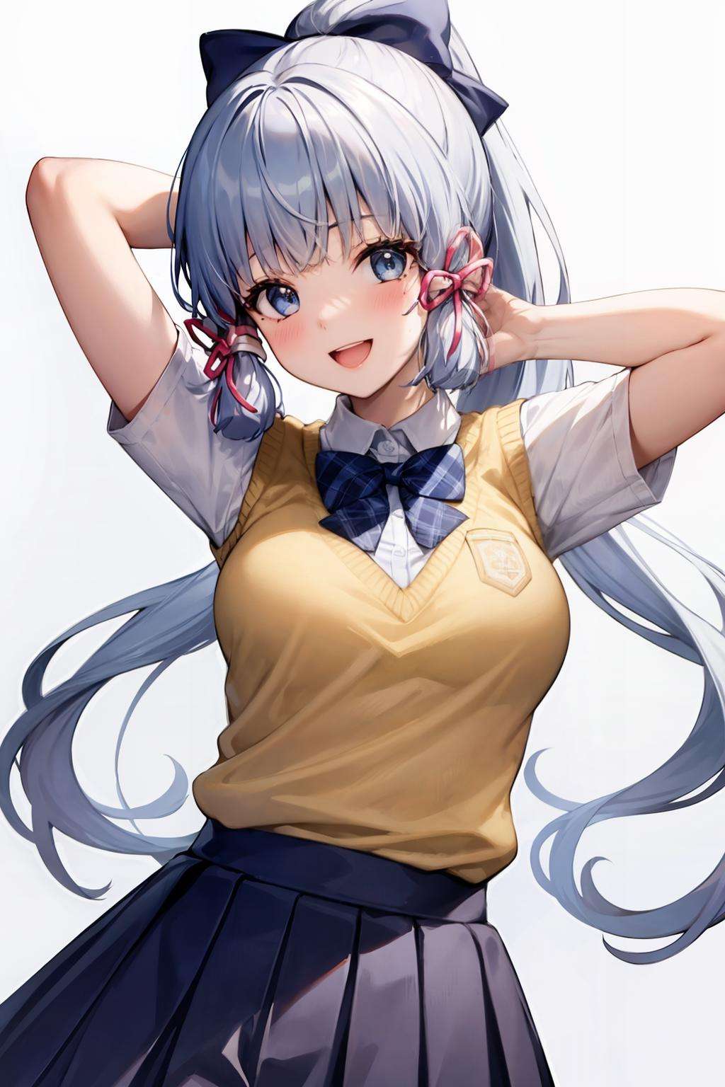 masterpiece, best quality, <lora:AyakaKamisato:0.8>,1girl, kamisato ayaka, solo, bow, skirt, blue eyes, blue bow, bowtie, shirt, long hair, school uniform, looking at viewer, short sleeves, plaid, white background, smile, ponytail, blue hair, white shirt, blue bowtie, plaid skirt, blue skirt, bangs, simple background, open mouth, collared shirt, arms up, sweater vest, pleated skirt, breasts, plaid bow, hair ribbon, plaid bowtie, sidelocks, hair bow, alternate costume, ribbon, very long hair, medium breasts, tress ribbon, blunt bangs, :d, upper body, mole under eye, mole, blush, light blue hair, vest, hair ornament, high ponytail, cowboy shot