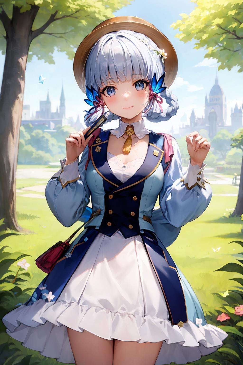 masterpiece, best quality, <lora:AyakaKamisato:1>,1girl, bug, solo, butterfly, smile, blue eyes, bangs, dress, looking at viewer, long sleeves, hair ornament, kamisato ayaka, outdoors, hat, blue hair, holding, blunt bangs, blue butterfly, hair rings, hand fan, closed mouth, flower, braid, hair flower, folded fan, day, standing, holding fan, white dress, ribbon, blush, nature, alternate costume, tree, buttons, grass, mole, blue dress, butterfly on hand, folding fan, frills, breasts, light blue hair, hands up, jacket, bow, cowboy shot, leaf, vest, plant, animal, sidelocks, shirt, neck ribbon, tassel, puffy long sleeves