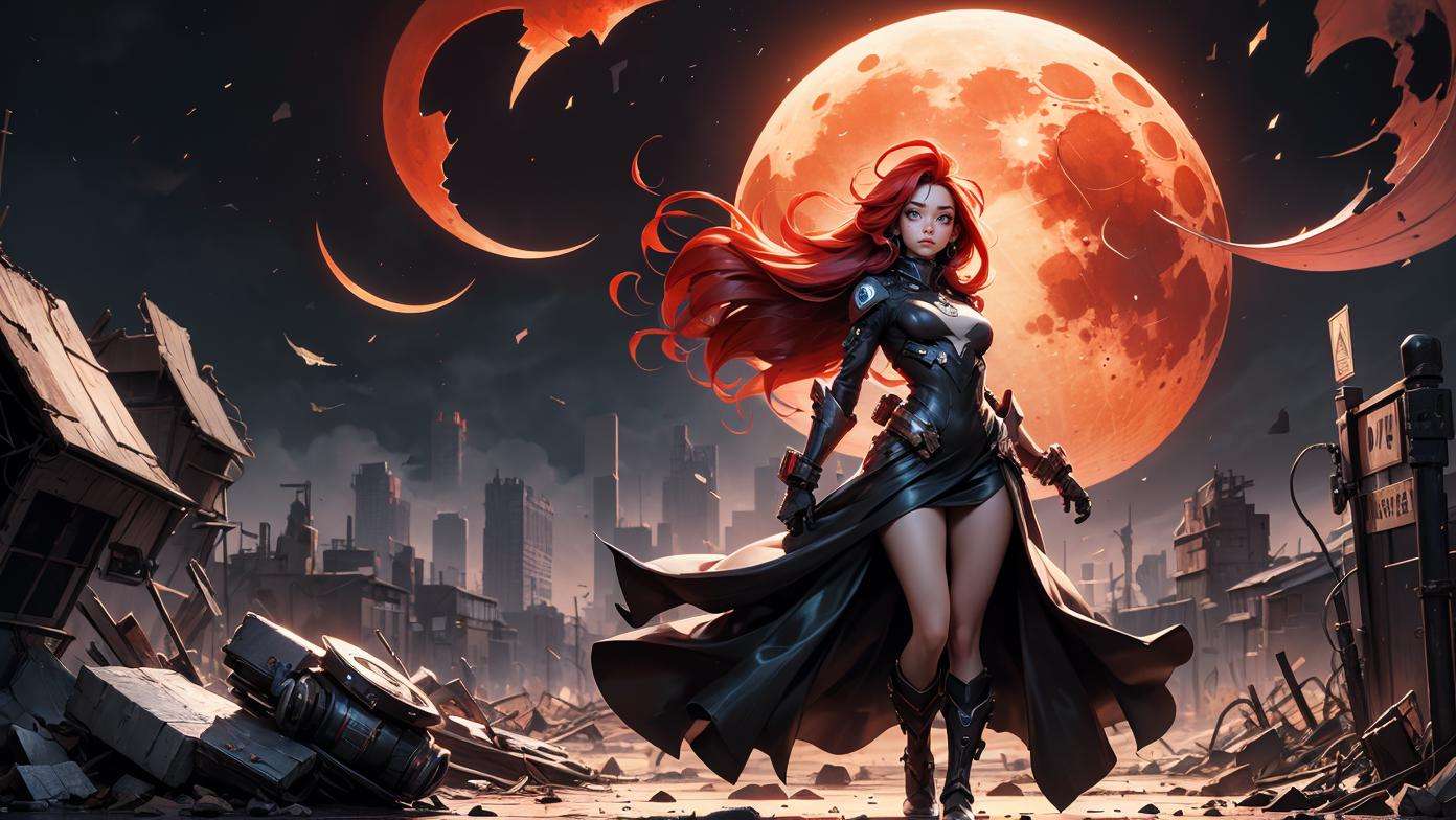 best quality, scifi, 1girl, solo, full body, looking at viewer, flowing dress, dancing, long hair, (red hair:1.15), sidelocks, (a shattered red moon hangs over an apocalyptic landscape:1.2), (halo:0.8)