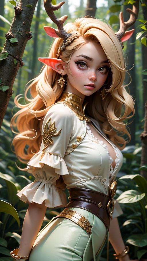 (masterpiece, best quality), 1girl, intricate details, blonde, leaf, wavy hair, looking at viewer, elf, upper body, forest, frills, mist, (deer antlers),