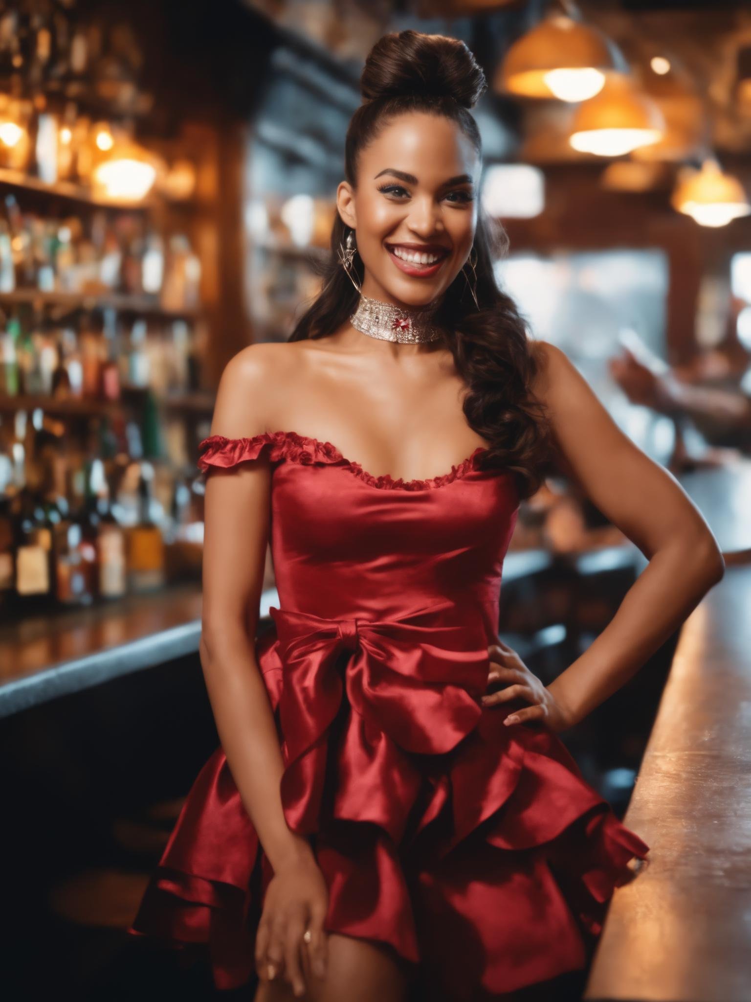 masterpiece, best quality, highres, aamira, long hair, bangs pinned back, topknot, forehead, choker, bare shoulder, cleavage, red dress, frilled dress, bow, sleeveless, cowboy shot, standing, indoor, bar, smile, open mouth, holding tray, food