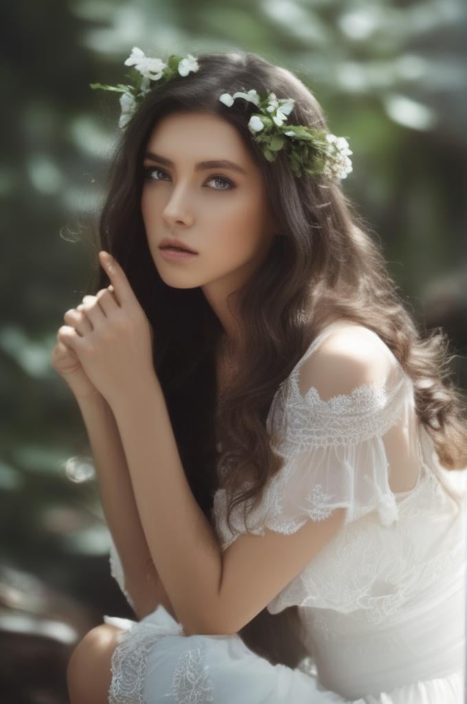 masterpiece,best quality,(detailed face, perfect face, perfect eyes, realistic eyes, perfect fingers),(clear face),fantasy girl,long hair,hair ornaments,looking at viewer,outdoors,intricate,high detail,sharp focus,dramatic,beautiful girl,full body,kneeling, outdoors, white dress,bow,cleavage,