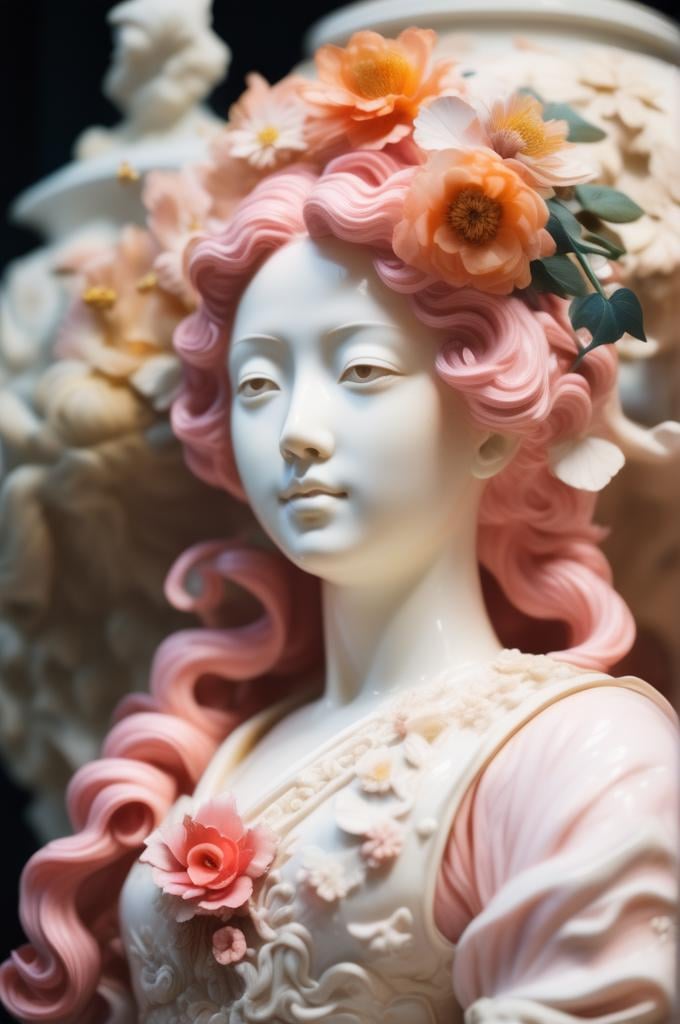 a woman with pink hair and flowers in her hair and dress with a flower in her hair and a flower in her hair, Ayami Kojima, beautiful detailed, a marble sculpture, rococo