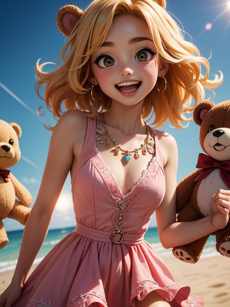 detailed background (A small chest:1.3),(masterpiece, best quality:1.4), (beautiful, aesthetic, perfect, delicate, intricate:1.2),detailed background, sharp focus, professional lighting, dynamic angle, lens flare, 1girl, medium hair, blond wavy hair, pink dress, light summer dress, sky, stuffed bears, grin, naughty, open mouth