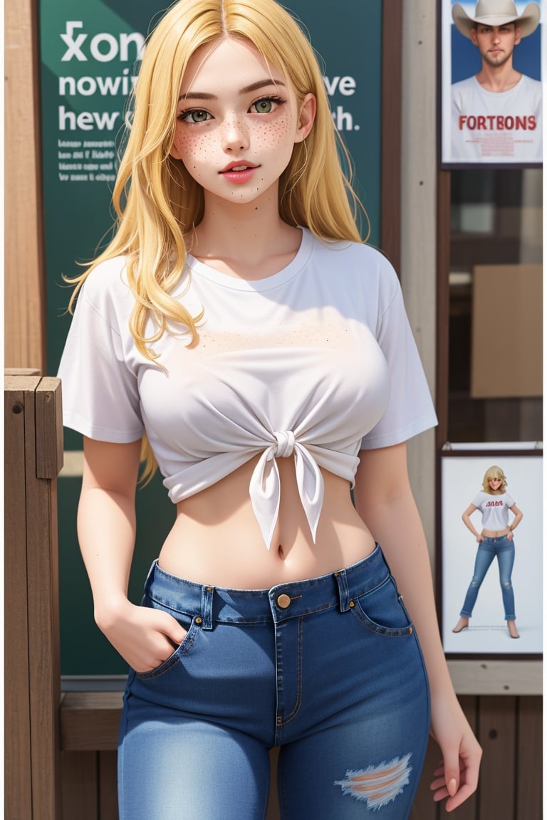 old style, 1girl, solo, looking at viewer, blonde hair, shirt, navel, standing, white shirt, short sleeves, cowboy shot, midriff, pants, arms up, lips, denim, t-shirt, clothes writing, freckles, jeans, realistic, tied shirt, poster (object), mole on stomach,