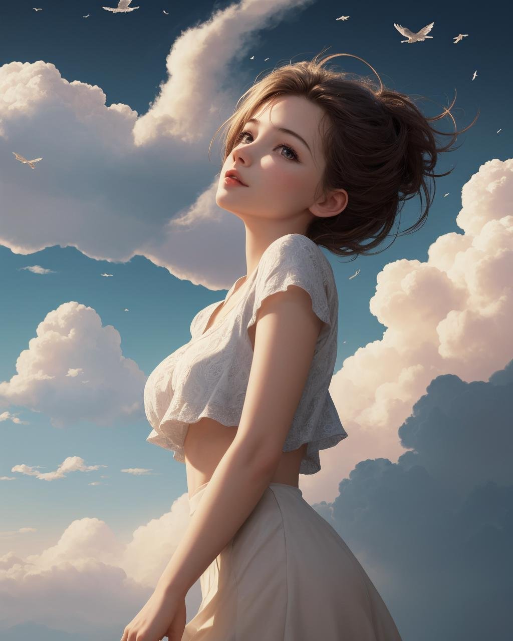 (masterpiece:1.1), (highest quality:1.1), (HDR:1.0), movie shot, 1girl, floating in the sky, cloud girl, cloud, (close-up:1.1), bright, happy, fun, soft lighting, (pattern, shapes, abstract:1.13)