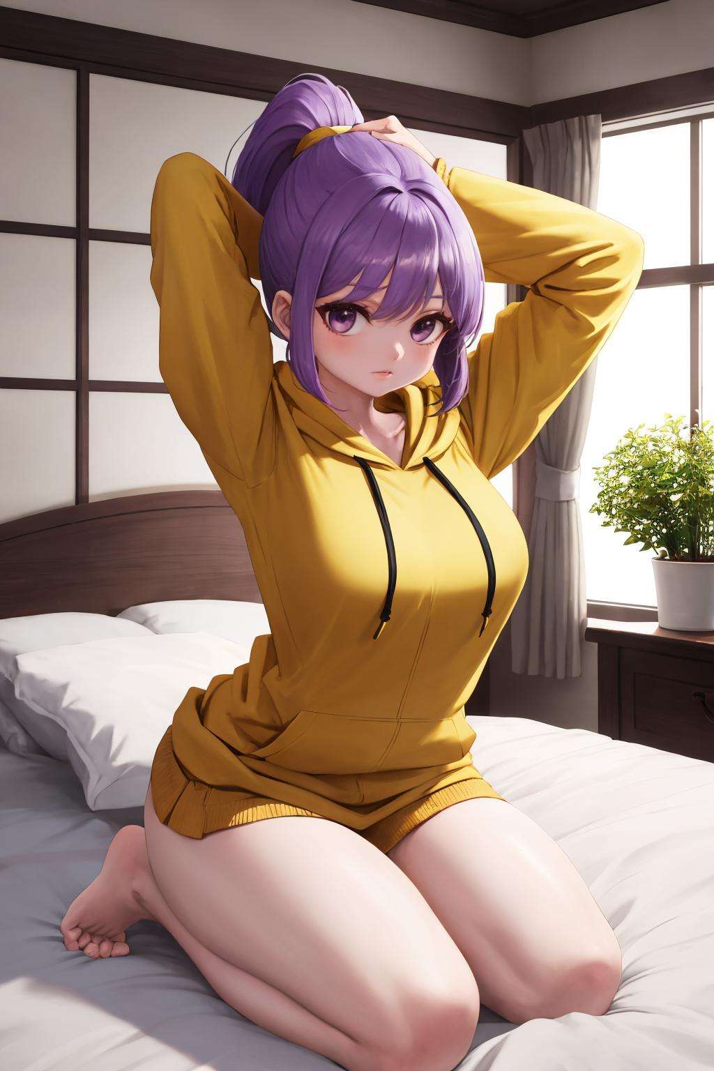 masterpiece, best quality, 1girl, solo, <lora:yabby-artist-richy-v6_non_ets_v2-000007:1> seiza, arms behind head, purple hair, bed, bedroom, ponytail, yellow hoodie