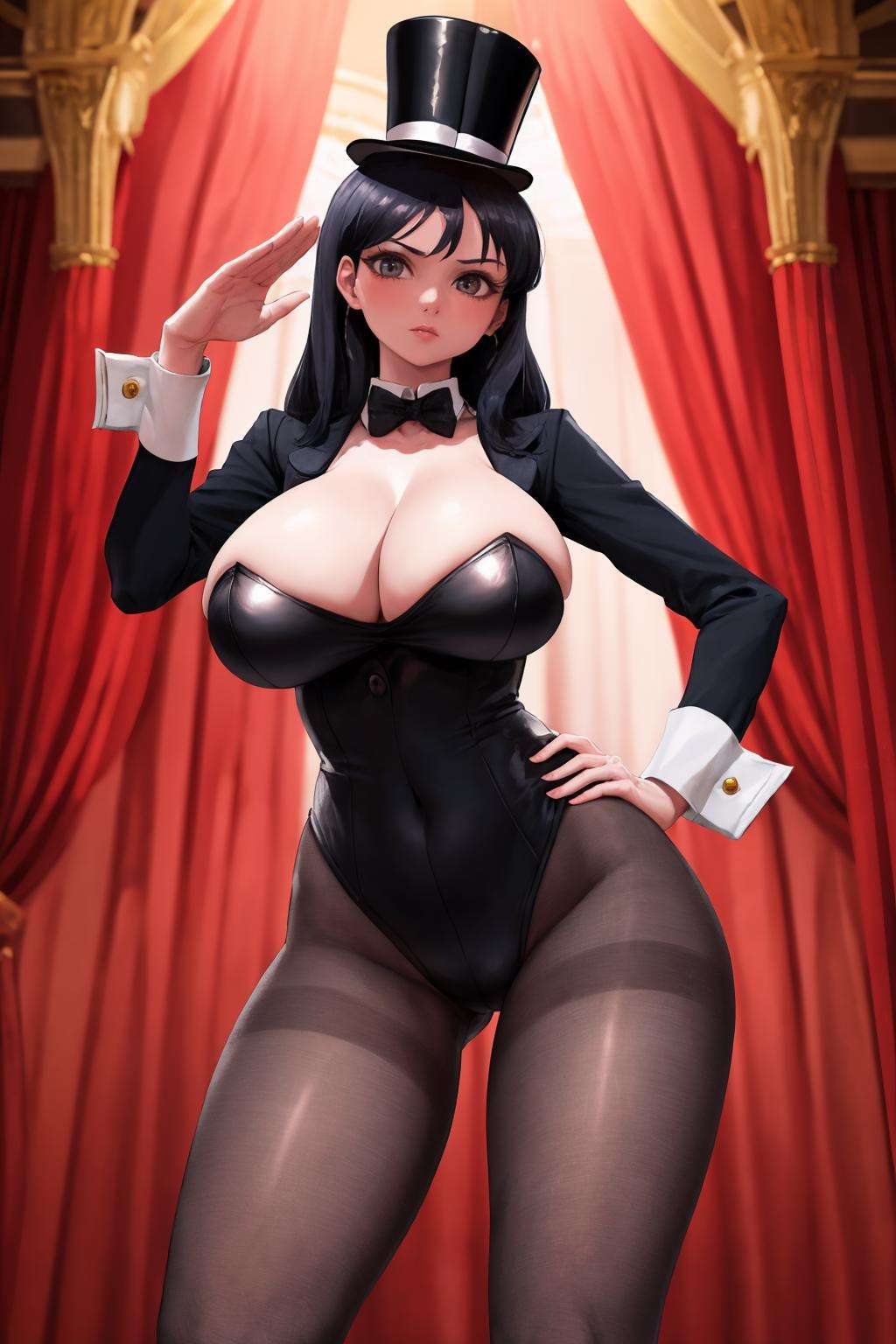 masterpiece, best quality, 1girl, solo, <lora:yabby-artist-richy-v6_non_ets_v2-000007:1> top hat, red curtains, stage, performance, spotlight, theater, magician, black hair, wrist cuffs, long sleeves, playboy bunny, standing, contrapposto, huge breasts, wide hips, pantyhose, hand on hip, salute, 