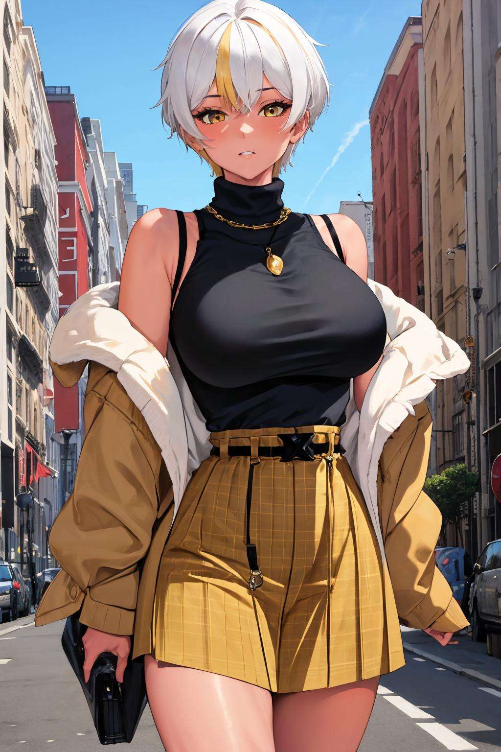 masterpiece, best quality, 1girl, solo, <lora:parkdona-vtuber-richy-v1_5:1> parkdona, mature female, tan, black sweater, sleeveless, yellow skirt, plaid skirt