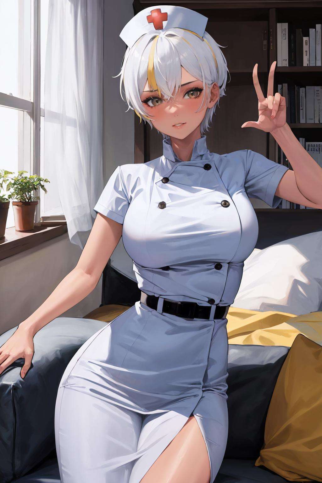 masterpiece, best quality, 1girl, solo, <lora:parkdona-vtuber-richy-v1_5:1> parkdona, mature female, nurse cap, nurse