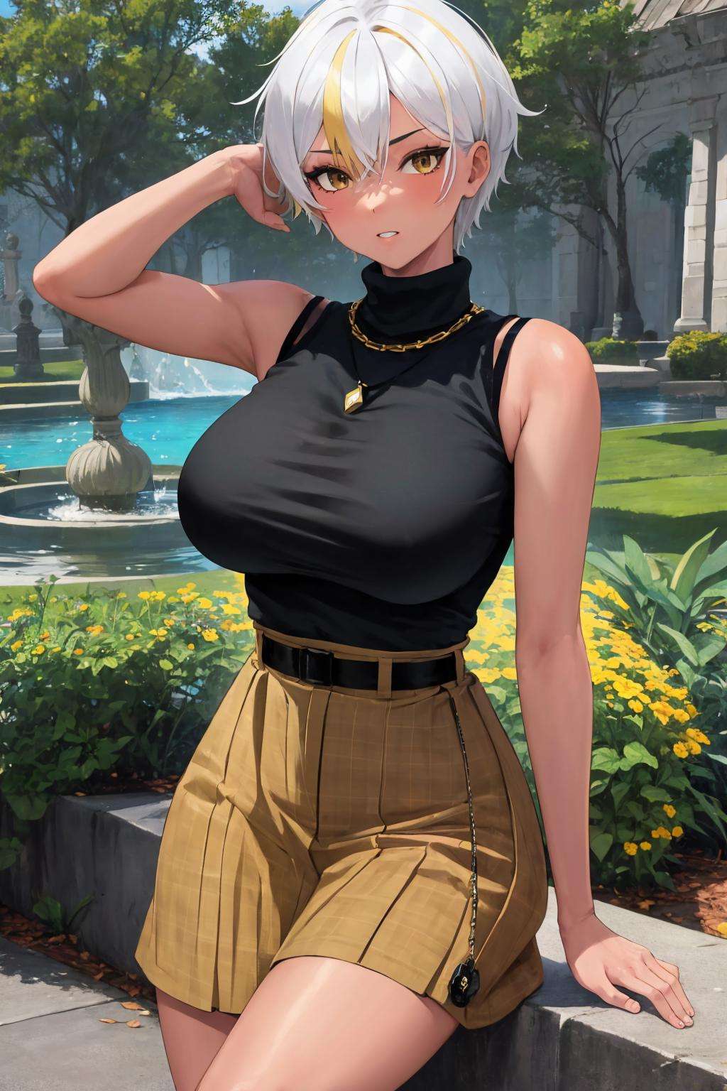 masterpiece, best quality, 1girl, solo, <lora:parkdona-vtuber-richy-v1_5:1> parkdona, mature female, tan, black sweater, sleeveless, yellow skirt, plaid skirt