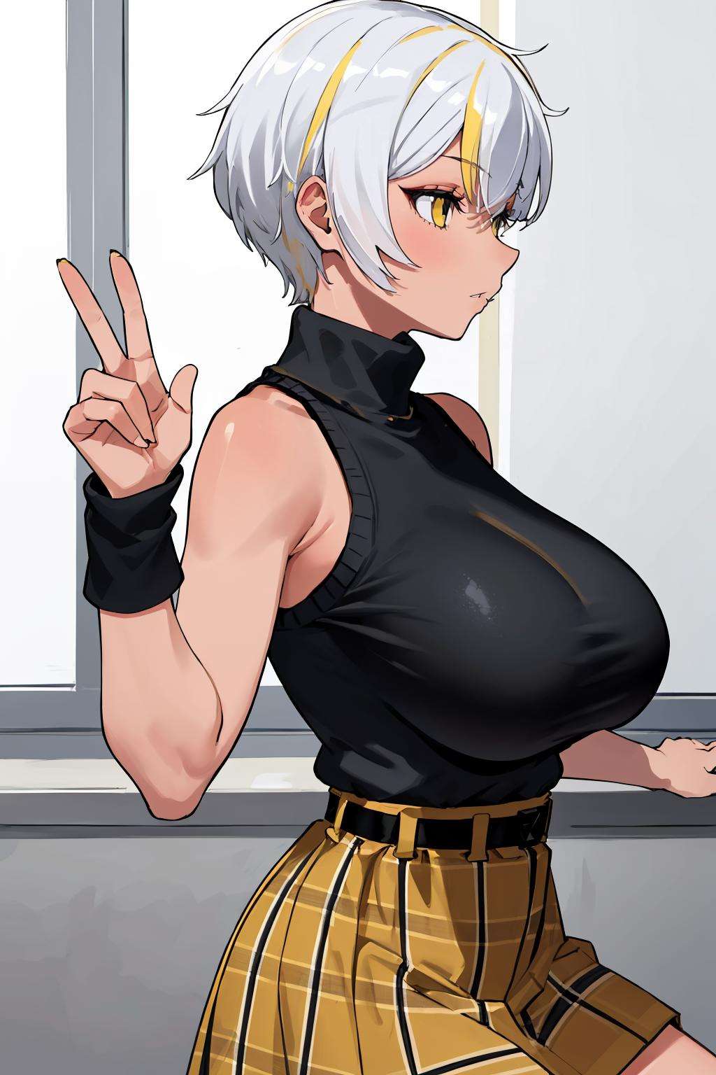 masterpiece, best quality, 1girl, solo, <lora:parkdona-vtuber-richy-v1_5:1> parkdona, from side, huge breasts, sleeveless, black sweater, turtleneck sweater, plaid skirt, yellow skirt