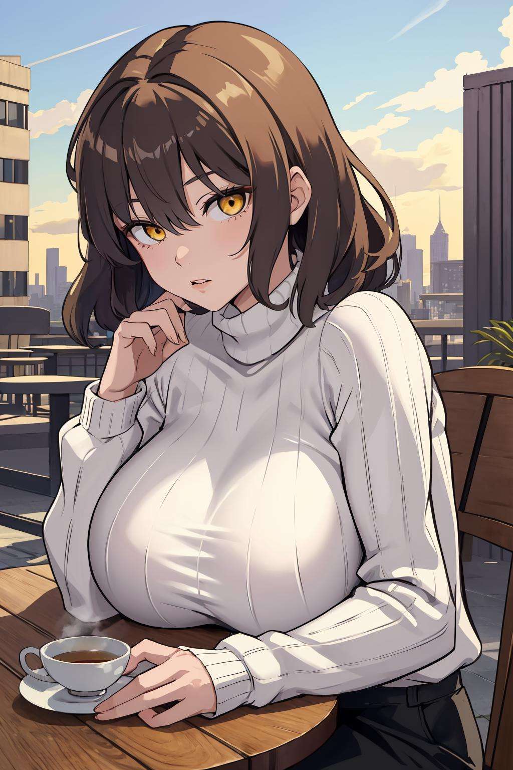 masterpiece, best quality, 1girl, solo, <lora:anis-nikke-richy-v2:1> anisrnd, yellow eyes, casual, turtleneck sweater, huge breasts, tea, table, city, sitting