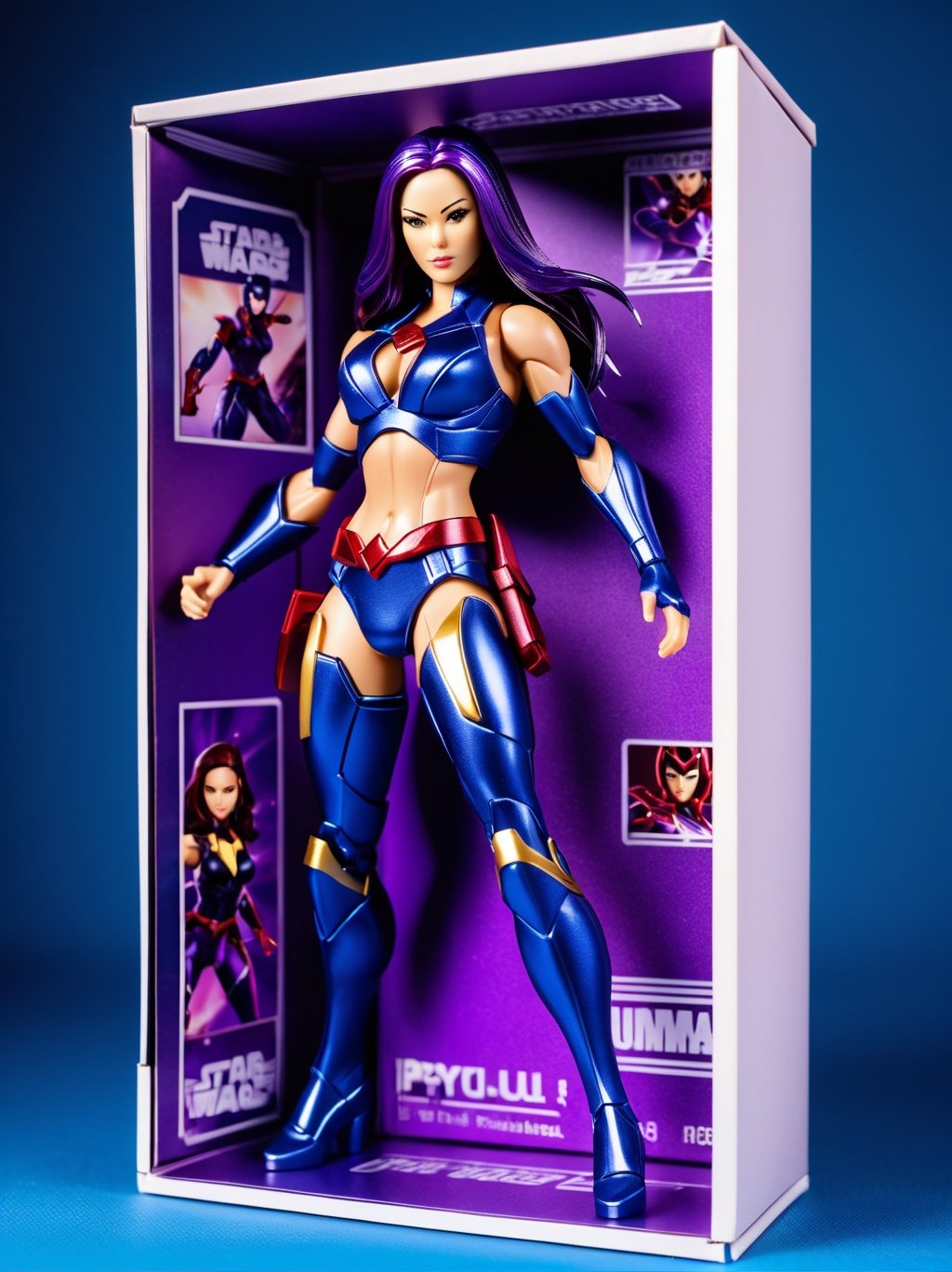ActionFigureQuiron style, action figure, toy, doll, character print, (best quality:1.15), (masterpiece:1.15), (detailed:1.15), (realistic:1.2), (intricate:1.4), simple background, cover page, card, in a gift box, no humans, ( psylocke ), gift box, playset, in a box, full body, toy playset pack, in a gift box, premium playset toy box,<lyco:SDXL1.0_quiron_ActionFigure_v3_lycoris:0.87>