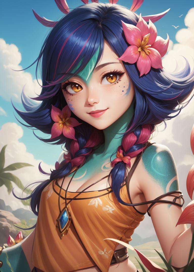 masterpiece, best quality, neeko, facial marks, hair ornaments, hair flower, crop top, close-up, face, portrait, blue sky, smile, closed mouth <lora:neeko-nvwls-v2-000014:0.9>