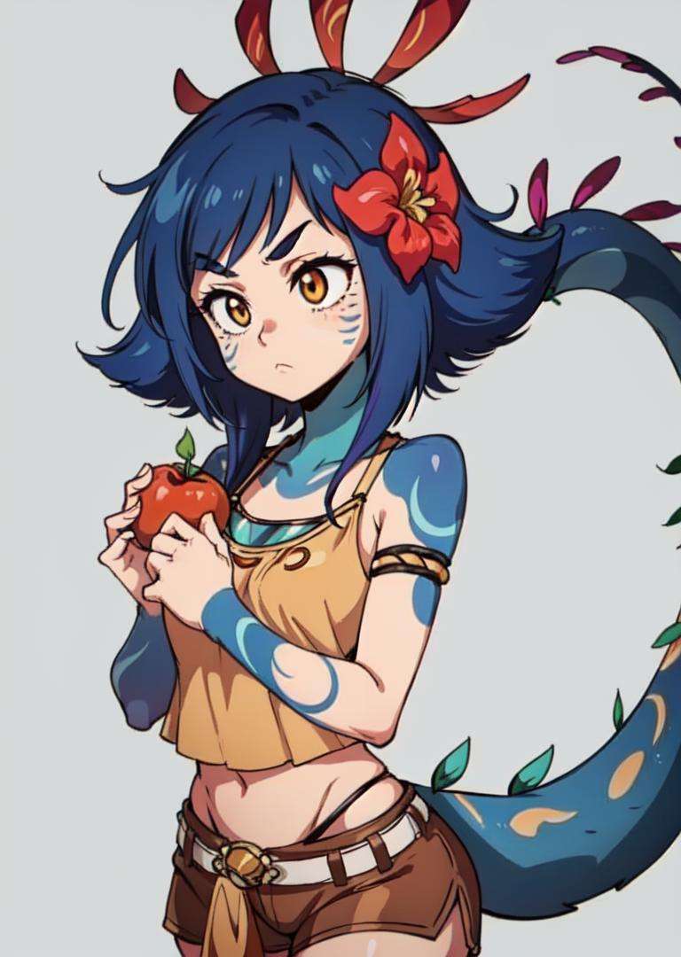 masterpiece, best quality, neeko, facial marks, hair ornaments, hair flower, crop top, brown shorts, lizard tail, holding a tomato, furrowed brow, simple background <lora:neeko-nvwls-v2-000014:0.9>