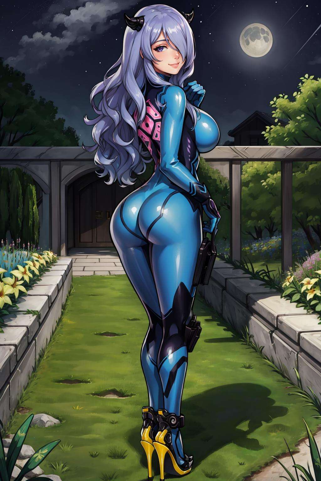 masterpiece, best quality, defCamilla, zero suit, blue gloves, high heels, looking at viewer, looking at viewer, smile, from behind, huge breasts, standing, night, garden <lora:zerosuit-nvwls-v1:0.9>  <lora:camilla-nvwls-v1-final:0.9>