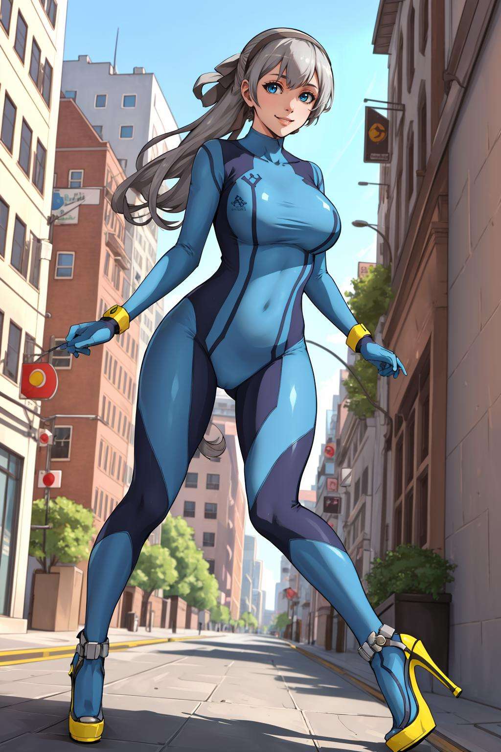 masterpiece, best quality, elie macdowell, hairband, hair ribbon, zero suit, blue gloves, high heels, looking at viewer, large breasts, looking at viewer, smile, city street, whole body <lora:zerosuit-nvwls-v1:0.7>   <lora:elie-nvwls-v1:0.9>