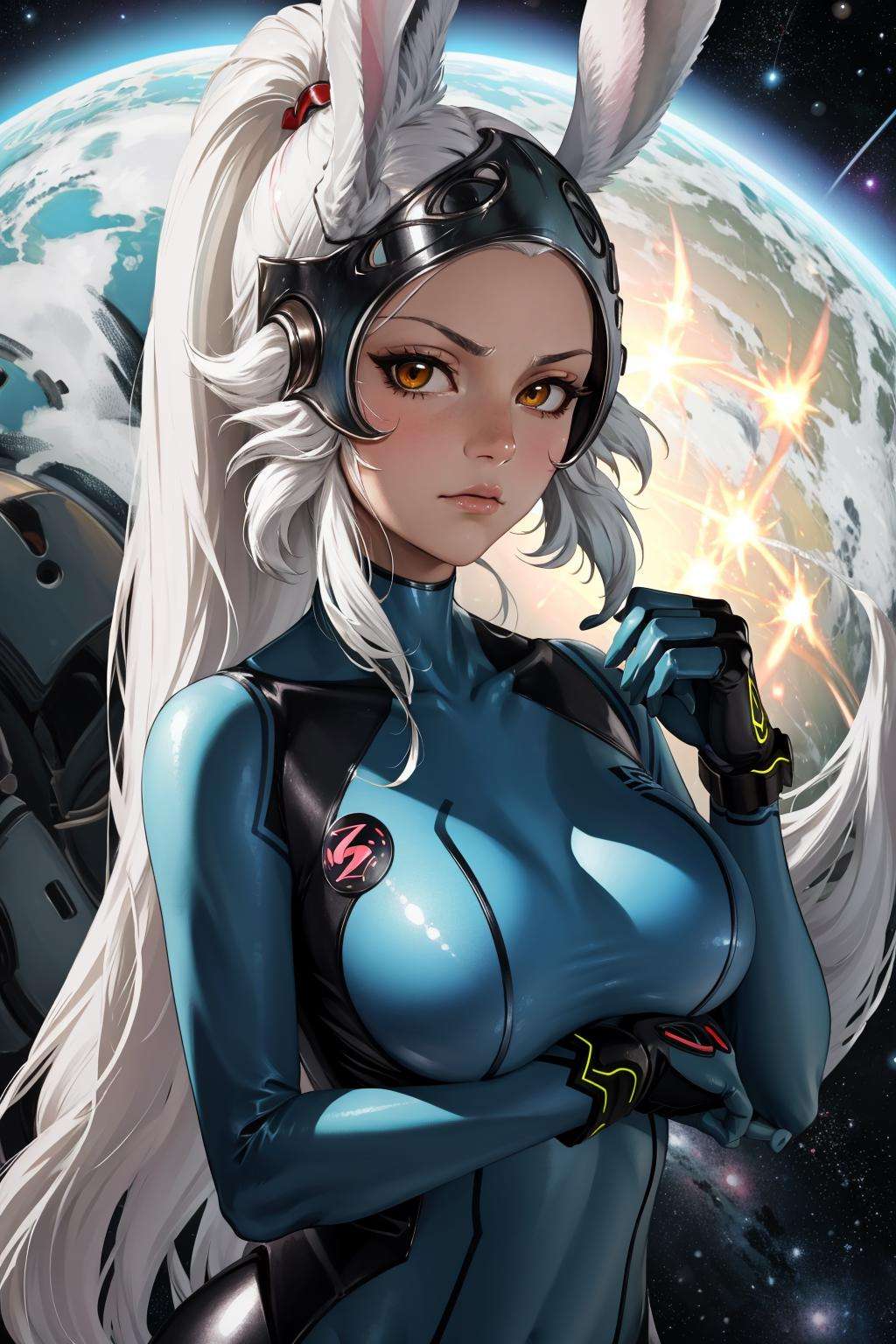 masterpiece, best quality, fran, viera, helmet, zero suit, blue gloves, looking at viewer, large breasts, upper body, looking at viewer, neutral expression, space station, (dark skin:0.6) <lora:zerosuit-nvwls-v1:1>  <lora:fran-nvwls-v1-final:0.9>