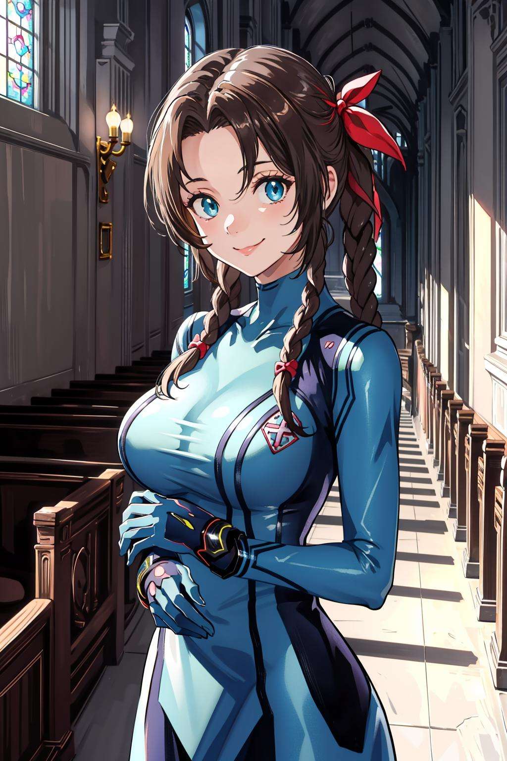 masterpiece, best quality, aerith gainsborough, hair ribbon, zero suit, blue gloves, looking at viewer, upper body, portrait, standing, large breasts, church interior, smile, hands to chest <lora:zerosuit-nvwls-v1:1.0> <lora:aerith-nvwls-v1-final:0.7>