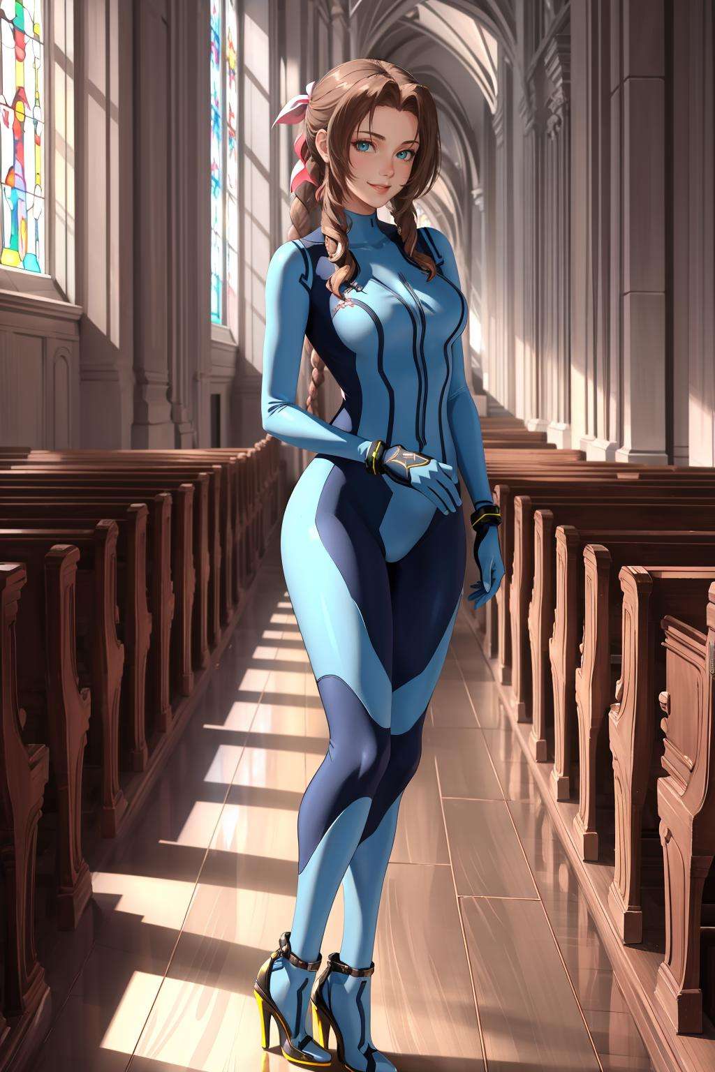 masterpiece, best quality, aerith gainsborough, hair ribbon, zero suit, blue gloves, high heels, looking at viewer, large breasts, looking at viewer, smile, church interior, whole body, standing, contrapposto <lora:zerosuit-nvwls-v1:0.8>    <lora:aerith-nvwls-v1-final:0.8>